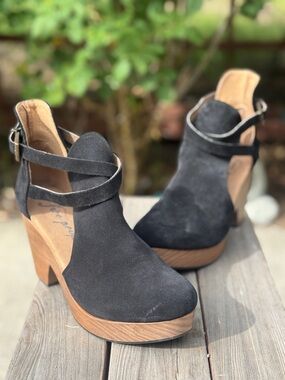 Free People Black Suede Platform Ankle Clogs with Wood Heel